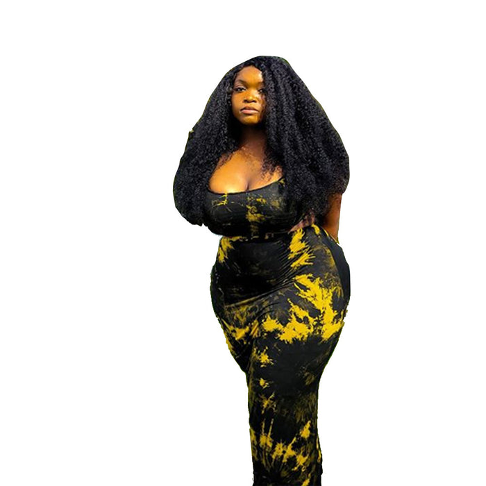 Color-Yellow-Plus Size Spring round Neck Dress Black Pencil Dress -Style Mid-Length Waist Trimming Printing Dress-Fancey Boutique