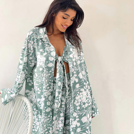Color-Green-Fall Underwear Three Piece Pajamas Printed Loose Nightgown Trousers Ladies Homewear-Fancey Boutique