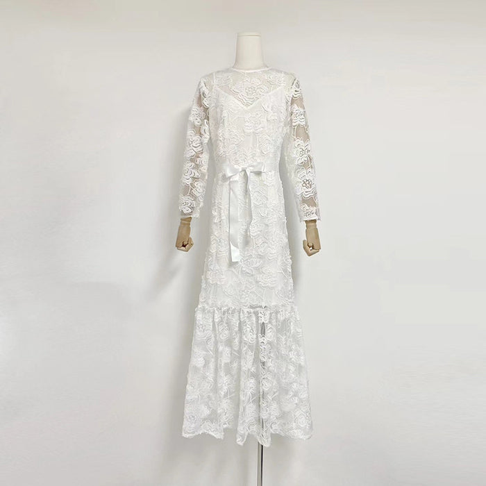 Elegant Socialite Maxi Dress Autumn round Neck Embroidery Long Sleeve Ruffled Dress Women-White-Fancey Boutique