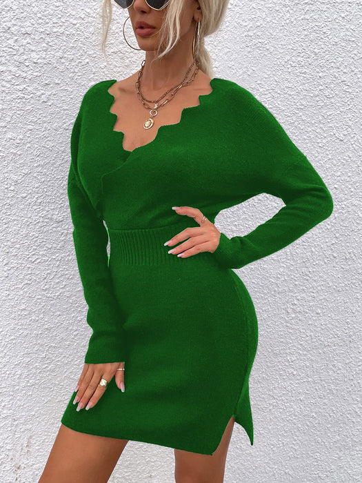 Color-Green-Autumn Winter Wave Pattern V neck Split Sweater Dress Women-Fancey Boutique