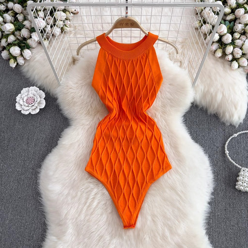 Color-Orange-Sexy Sexy Round Neck Halter Off The Shoulder Sling Vest Jumpsuit Women Western Slim Fit Knitwear Top Summer-Fancey Boutique