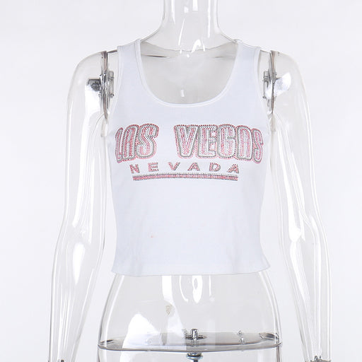 Color-White-Autumn Personalized Trendy Vest Casual All Matching Slim Fit Printed Rhinestones Top Women-Fancey Boutique