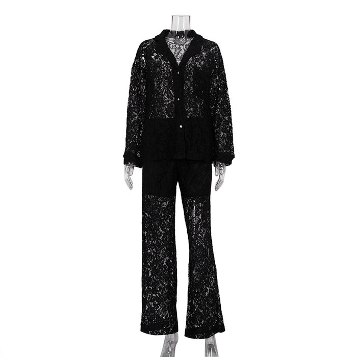 Lace See Through Two Piece Set Women Sexy Sexy Polo Collar Shirt Trousers Suit-Black-Fancey Boutique