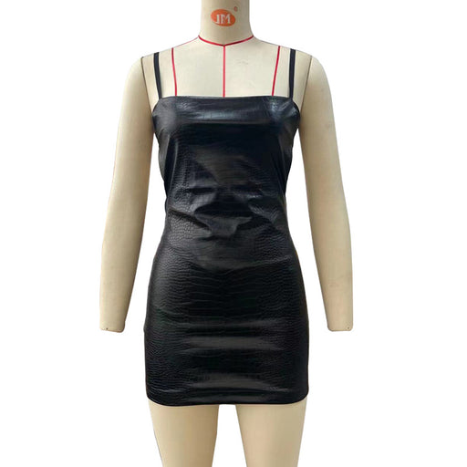 Color-Black-Women Mini Dress Crocodile Texture Sling Leather Sexy Backless Sheath-Fancey Boutique