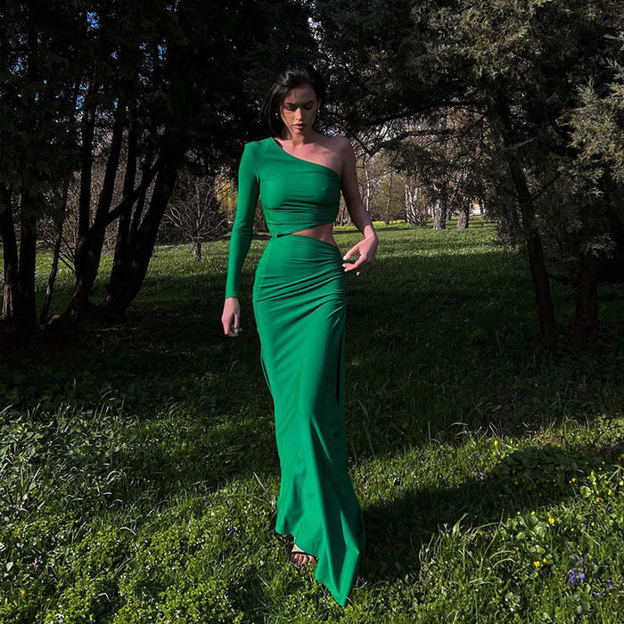 Women Sexy Oblique Shoulder Single Sleeve Pleated Cropped Outfit Split Mid Length Women Dress-Green-Fancey Boutique