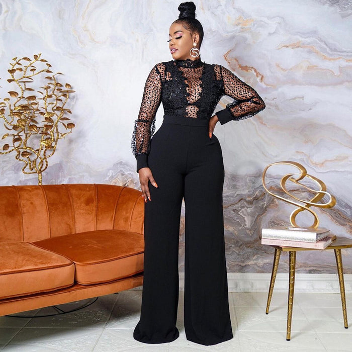 Color-Black-Party Turtleneck Sequin Lace Sheer Long Sleeve Top Loose Jumpsuit Women-Fancey Boutique