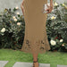 Women Clothing Elegant Knitted Sheath Hollow Out Cutout out Burnt Fishtail Skirt Midi Length Skirt-Khaki-Fancey Boutique