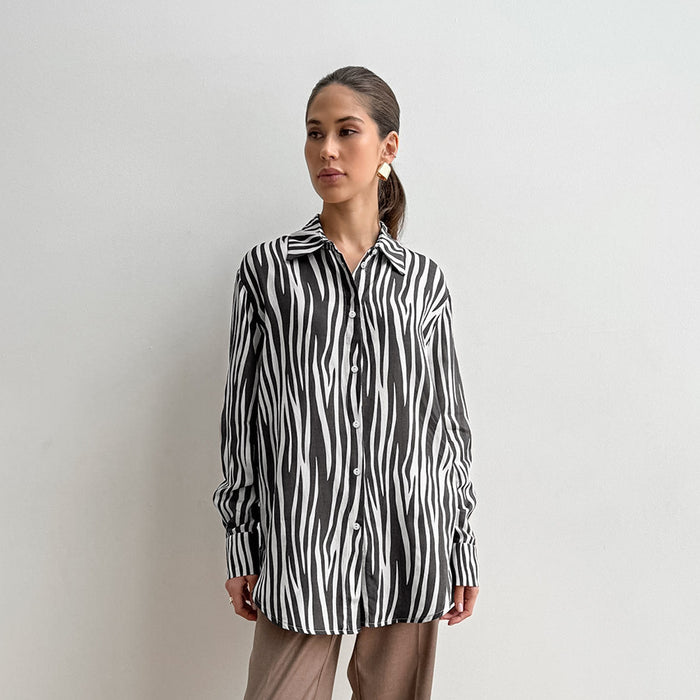 Autumn Printed All Matching Zebra Print Loose Collared Long Sleeves Shirt Russian Classic Retro Shacket Women