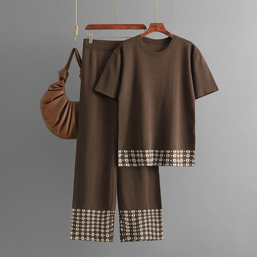 Summer Simple Round Neck Solid Color Short Sleeve Top Trousers Color Contrasting Stripe Knitted Two Piece-Coffee-Fancey Boutique