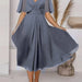 Color-Blue-Summer Solid Color V Neck Waist Trimming Casual Swing Dress-Fancey Boutique