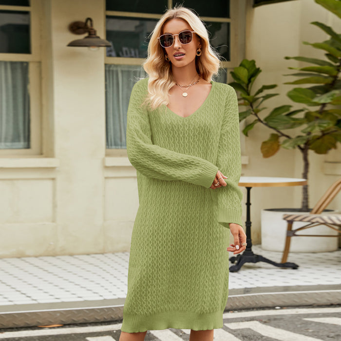 Color-Green-Women Clothing Loose Solid Color Knitted Sweater Dress Autumn Winter Long Idle Pullover Sweater Dress-Fancey Boutique