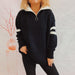 Color-Black-Autumn Winter Loose Casual Zipper Collared Arm Striped Knitted Sweater Pullover Sweater-Fancey Boutique