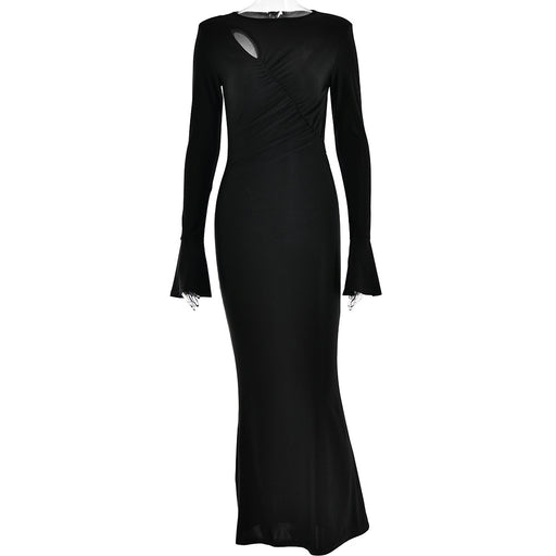 Color-Black-Sexy Long Sleeve round Neck Stitching Ruffle Horn Long Sleeve Narrow Slim Fit Maxi Dress-Fancey Boutique