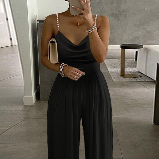 Color-Black-Pearl Suspender Wide Leg Sleeveless V-neck Backless Trousers Jumpsuit-Fancey Boutique