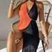 Women Clothing Color Contrast Patchwork Sexy Halter Tied Dress Irregular Asymmetric One Piece Blouse-Orange-Fancey Boutique