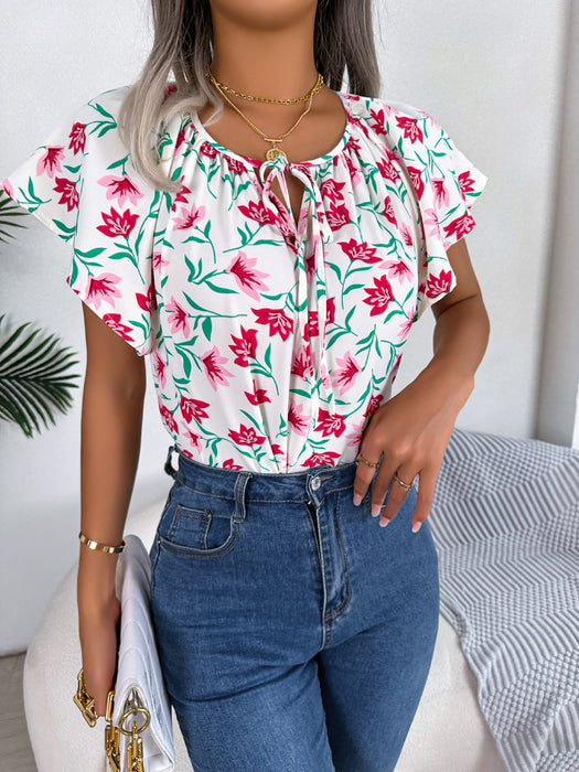 Color-White-Spring Summer Casual Loose Lotus Leaf Self Tie Chiffon Shirt Top Women Clothing-Fancey Boutique