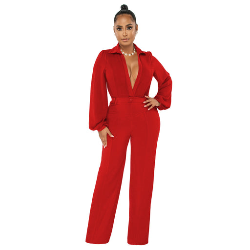 Color-Red-Women Clothing Jumpsuit Sexy V neck Long Sleeve Tight Blouse Trousers Autumn Winter-Fancey Boutique