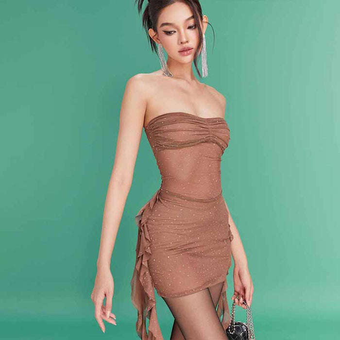 Autumn Sexy Starry Rhinestone Tube Top Ribbon Mesh See through Dress Women-Fancey Boutique