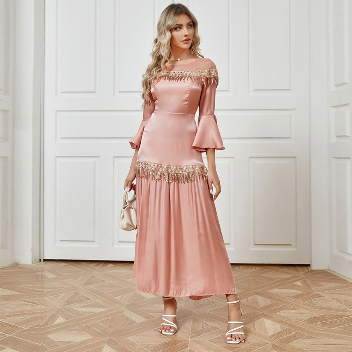 Color-Pink-Autumn Women Clothing Elegant Tassel Sequ High Waist Dress-Fancey Boutique