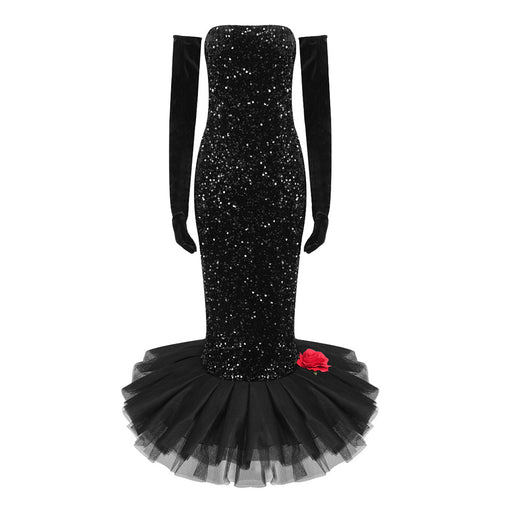 Color-Black-Women Clothing Barbie Sequin Pettiskirt Dress Large Dress Floral Catwalk Dress with Gloves-Fancey Boutique