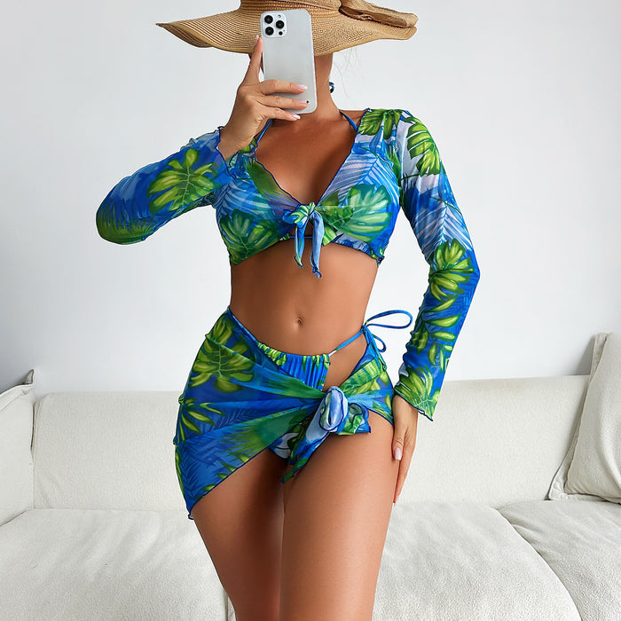 Color-Green Leaves on Blue Background-Swimsuit Women Split Four Piece Long Sleeve Internet Celebrity Printed Lace up Bikini Swimsuit-Fancey Boutique