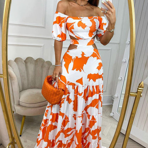 Color-Orange-Summer Women Clothing Printed Elegant off Shoulder High Waist Hollow Out Cutout out Ruffled Dress for Women-Fancey Boutique