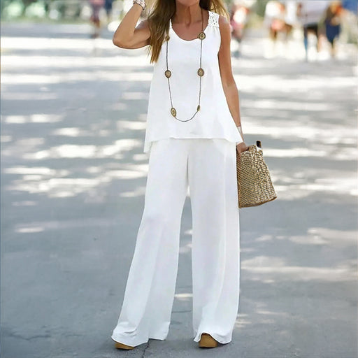 Women Clothing Spring Summer Casual Solid Color Vest Pants Set-White-Fancey Boutique