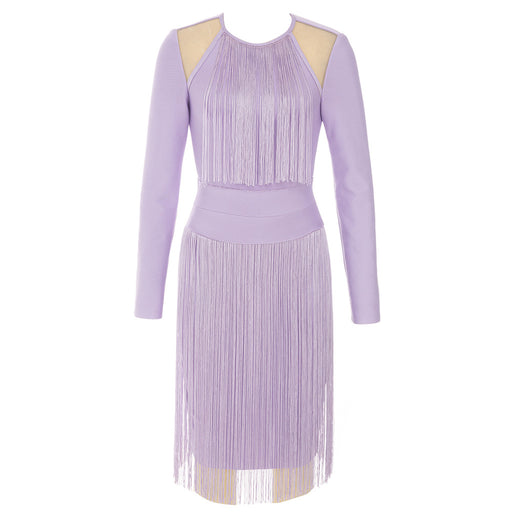 Color-Lavender Purple-Bandage Dress Simple Sexy Halter Cutout Tassel Long Sleeve Slim Dress Women-Fancey Boutique