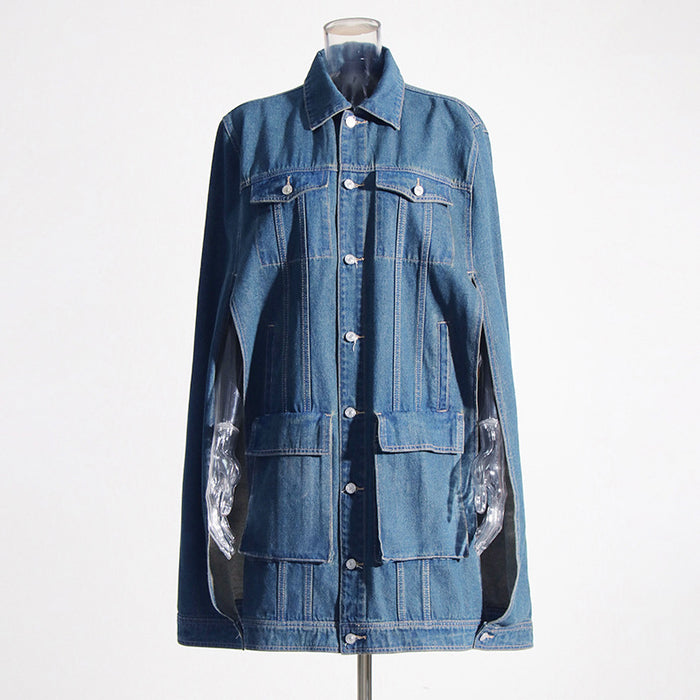 Color-Blue-Autumn Trend Niche Design Hollow Out Cutout Cut Loose Cape Washed Denim Jacket Women-Fancey Boutique