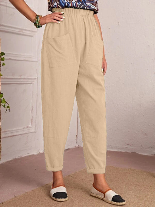 Color-Khaki-Four Seasons Cotton Linen Cropped Pants Elastic Waist Casual Pants Diagonal Pocket Skinny Pants Women-Fancey Boutique
