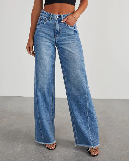 Loose Wide Leg Side Seam Stitching Frayed Hem Jeans Women-Fancey Boutique