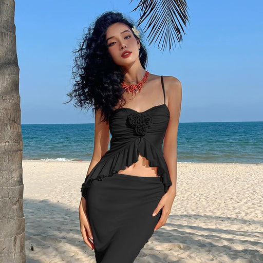 Vacation Spaghetti Straps Top Mid Length Skirt Set Summer Slim Fit Cropped Two Piece Set-Black-Fancey Boutique