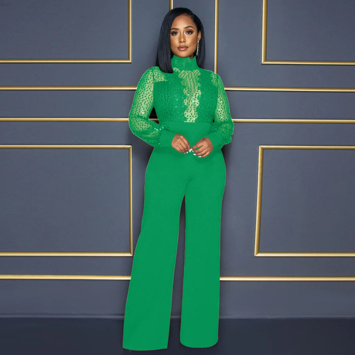 Color-Green-Party Turtleneck Sequin Lace Sheer Long Sleeve Top Loose Jumpsuit Women-Fancey Boutique