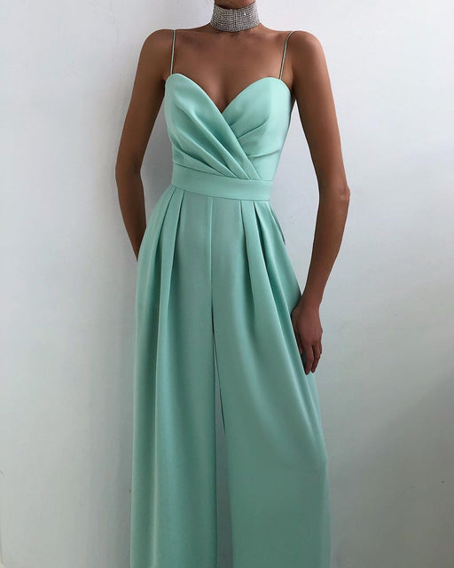 Color-Mint-Sling Waist Straight Mop Floor Minimalist Jumpsuit Spring Summer-Fancey Boutique