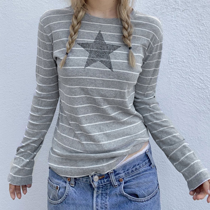 Vintage Stripe Five Pointed Star Printed Crew Neck Casual T Shirt Early Autumn Minority All Match Design Basic Long Sleeve-Fancey Boutique