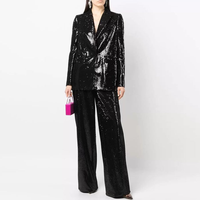 Color-Black-Spring Autumn Sequined Cool Shining Bling Bling Blazer Trousers Suit Two Piece Suit-Fancey Boutique