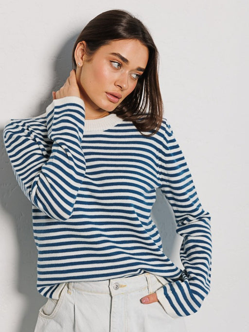 Striped Sweater Autumn Trendy Thread Contrast Color round Neck Knitted Striped Sweater-Blue-Fancey Boutique