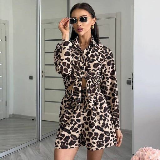 Summer Women Leopard Print Long Sleeve Cardigan Shirt Women Shorts Women Two Piece Set-Fancey Boutique