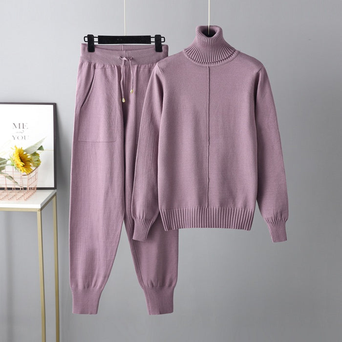 Color-Purple-Casual Set Autumn Winter Turtleneck Solid Color Sweaters Two Piece Set-Fancey Boutique