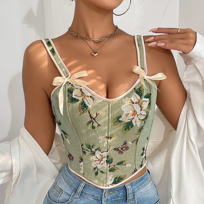 French Bow Tie Shoulder Floral Sexy Shapewear Women Spaghetti Strap Floral Print Slim Vest Corset-Fancey Boutique