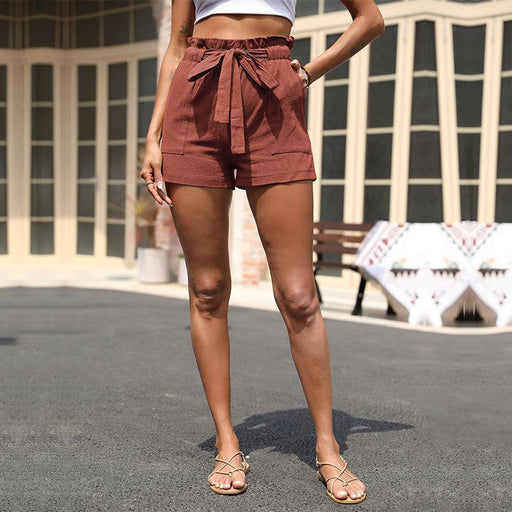 Color-Rosewood Color-Loose Casual Pants Lace up Solid Color Cotton Linen Shorts Women-Fancey Boutique