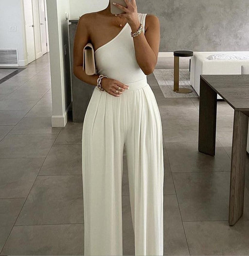 Color-White-Same as Web Celebrities Concise Sexy One Shoulder Asymmetric Comfortable Jumpsuit-Fancey Boutique