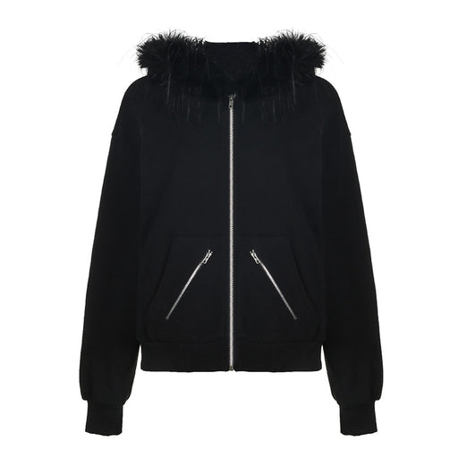 Color-Black-Vintage Zipper Pocket Fur Collar Hoodie Coat Loose Casual Sexy Stitching Cardigan Top-Fancey Boutique