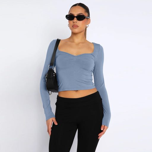 Color-Blue-Sexy Square Neck T shirt Women Autumn Solid Color Long Sleeved Short Top Sexy Cropped Knitted Sweater-Fancey Boutique