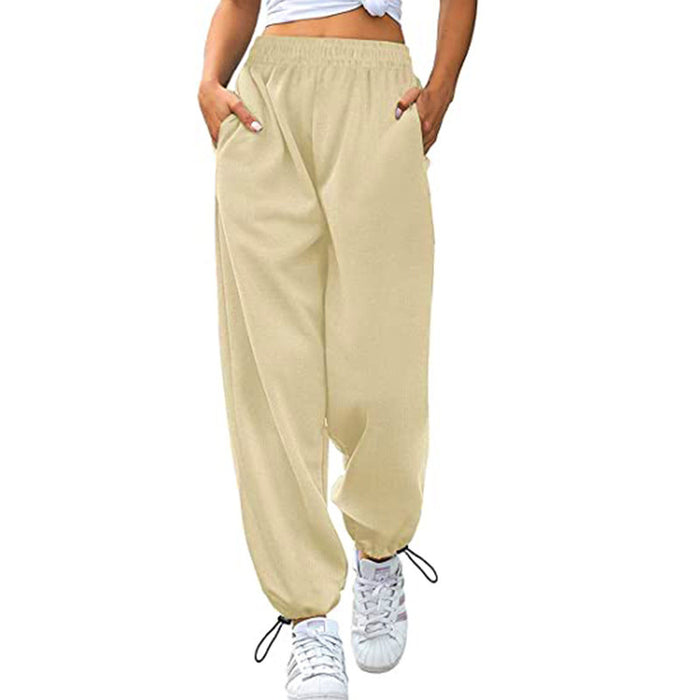 Color-Khaki-Spring Summer Women Clothing Loose Casual Sports Drawstring Wide Leg Ankle Banded Pants Women Plus Size-Fancey Boutique