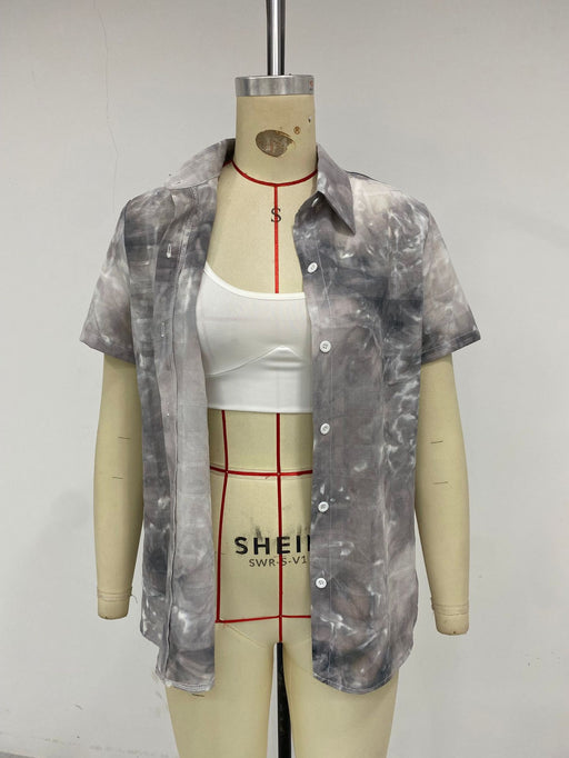 Women Clothing Summer Tie Dyed Slim Shirt Collar Short Sleeve Women Shirt-Gray-Fancey Boutique