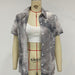 Women Clothing Summer Tie Dyed Slim Shirt Collar Short Sleeve Women Shirt-Gray-Fancey Boutique