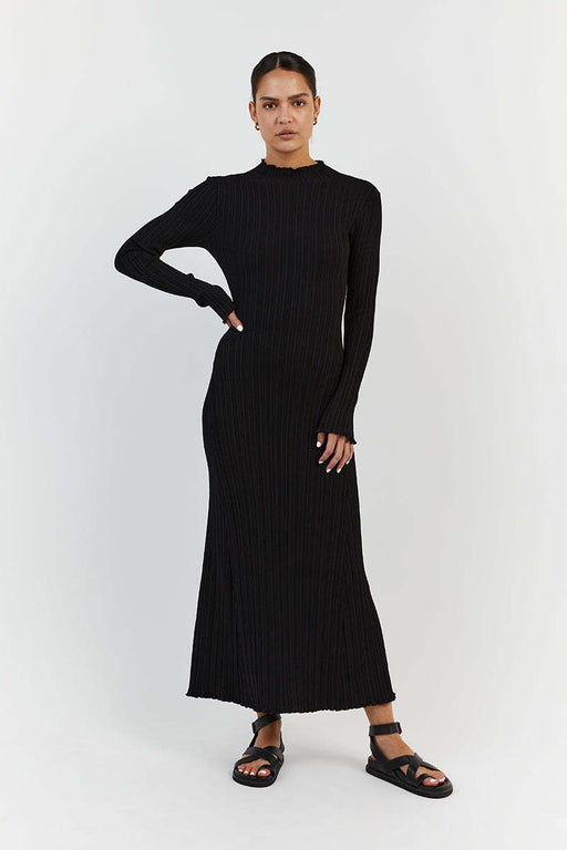 Autumn Winter Knitting Stringy Selvedge Dress Waist Tight Turtleneck Messy Sunken Stripe Core Spun Yarn Slimming Knitted Maxi Dress Women-Fancey Boutique