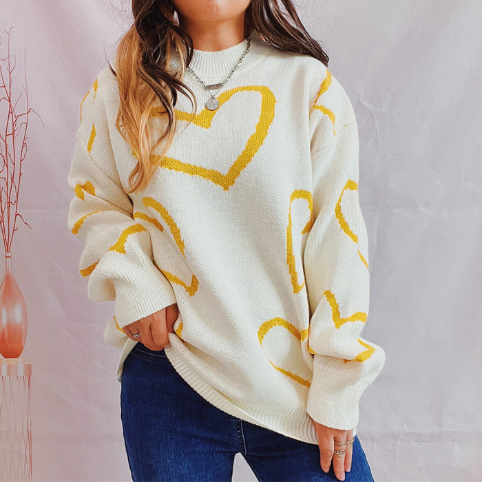 Color-Yellow-Valentine Day Love Pattern Sweater round Neck Long Sleeve Autumn Winter Thickening Knitted Pullover for Women-Fancey Boutique