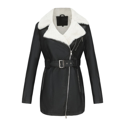 Color-Black-Autumn Winter Long Sleeved Fleece Leather Jacket Women Collared Double Headed Zipper With Belt Warm Coat-Fancey Boutique